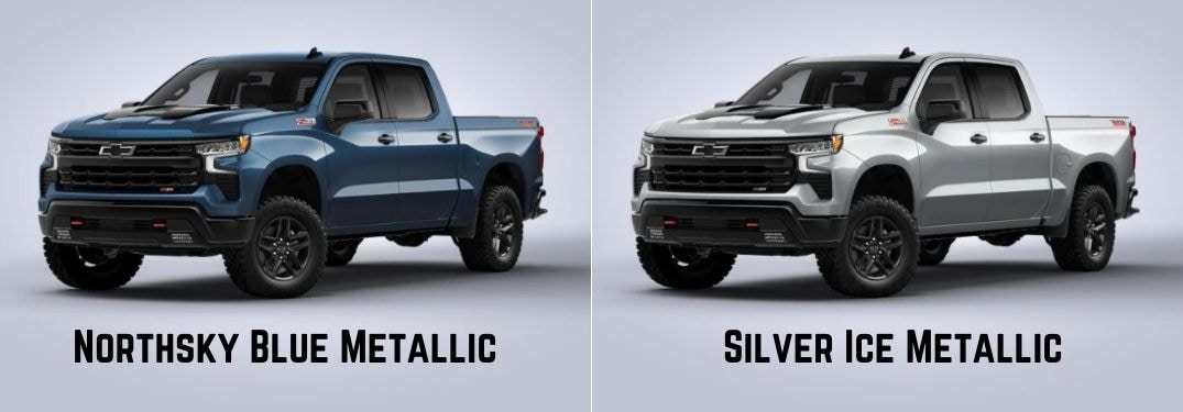 Northsky Blue Metallic and Silver Ice Metallic Chevy Silverado Models on Gray Background