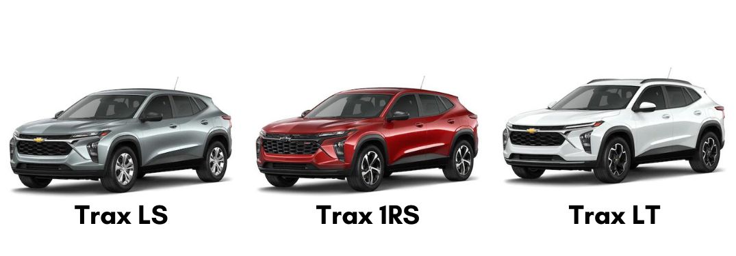 Silver 2024 Chevy Trax LS, Red 2024 Chevy Trax 1RS and White 2024 Chevy Trax LT Trim Levels on White Background