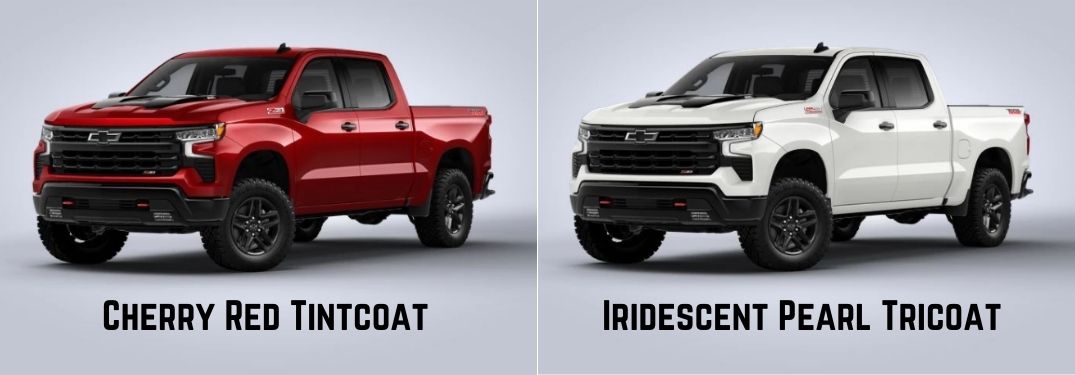 Cherry Red Tintcoat and Iridescent Pearl Tricoat Chevy Silverado Models on Gray Background