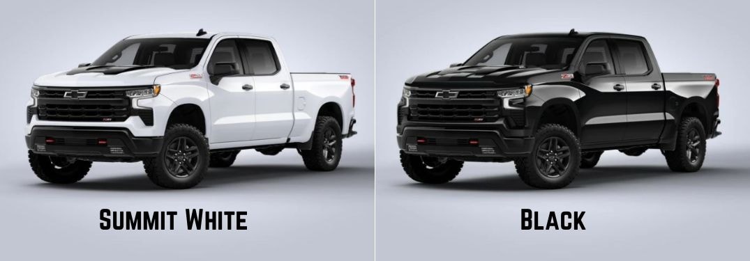 Summit White and Black Chevy Silverado Models on Gray Background