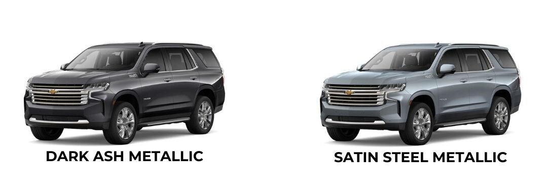 2022 Chevy Tahoe Dark Ash Metallic and Satin Steel Metallic on White Background with Text