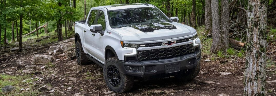 White 2023 Chevy Silverado ZR2 Bison Front Exterior on a Trail