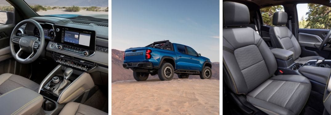 Collage of 2023 Chevy Colorado Dashboard, Rear Exterior and Front Seats