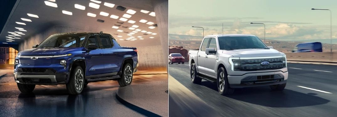 Blue 2024 Chevy Silverado EV Front Exterior on a City Street vs White 2022 Ford F-150 Lightning Front Exterior on a Freeway