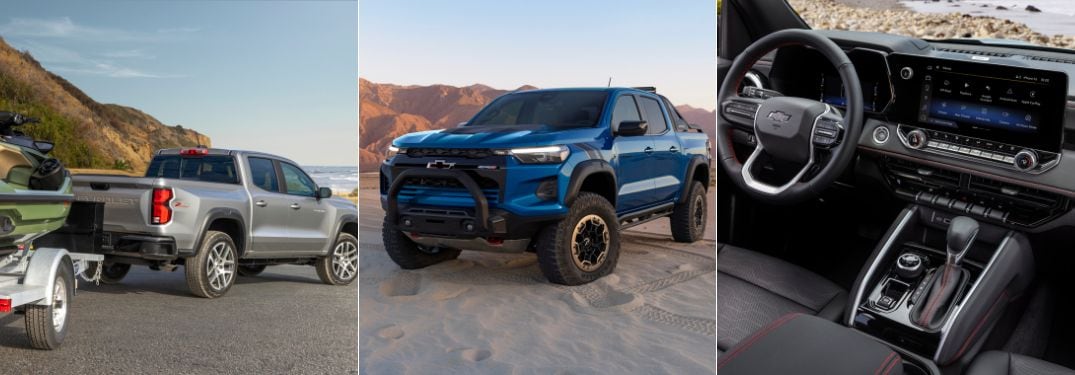 Gray 2023 Chevy Colorado Rear Exterior, Blue Chevy Colorado ZR2 in a Desert and Chevy Colorado Front Interior