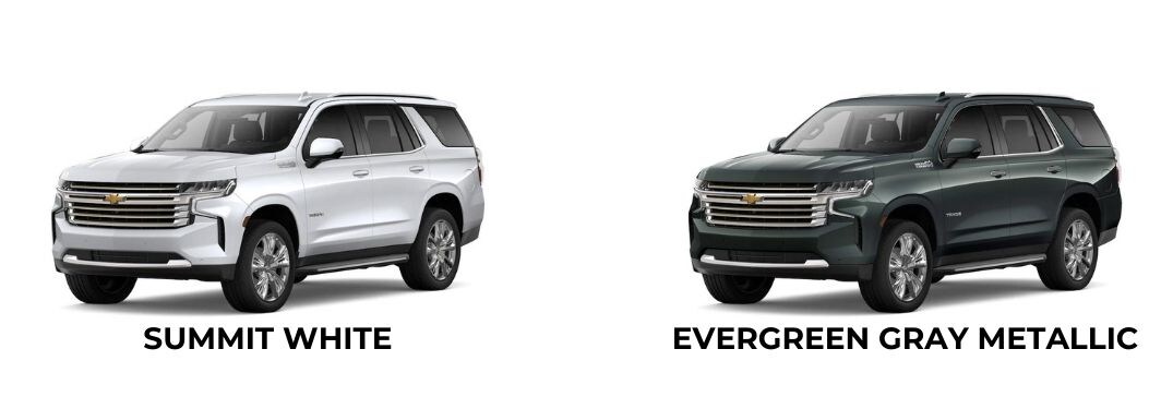 2022 Chevy Tahoe Summit White and Evergreen Gray Metallic on White Background with Text