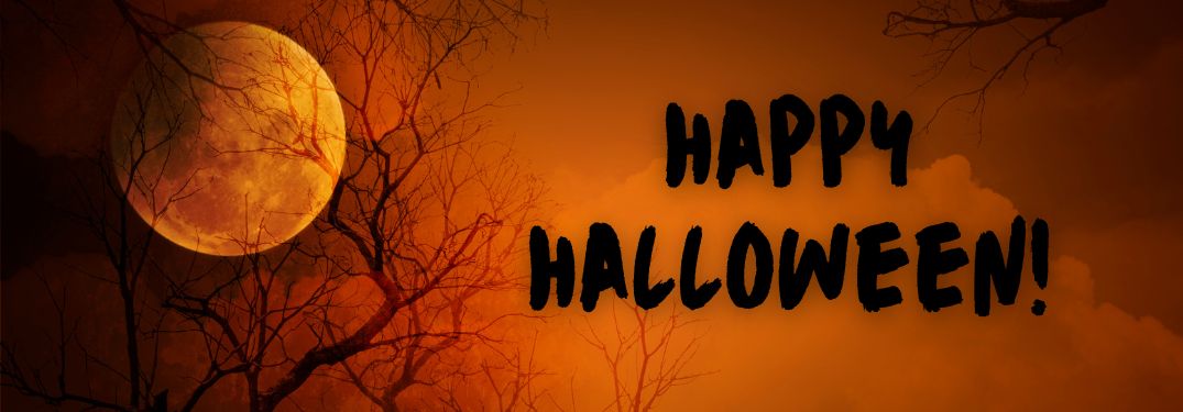Orange Moon and Tree with Black Happy Halloween Text
