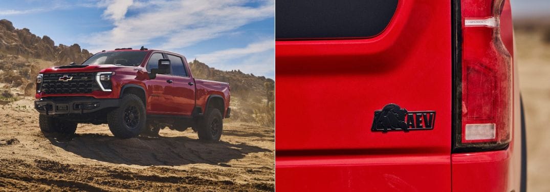 Red 2024 Chevy Silverado HD ZR2 Bison Front Exterior and Rear Badge