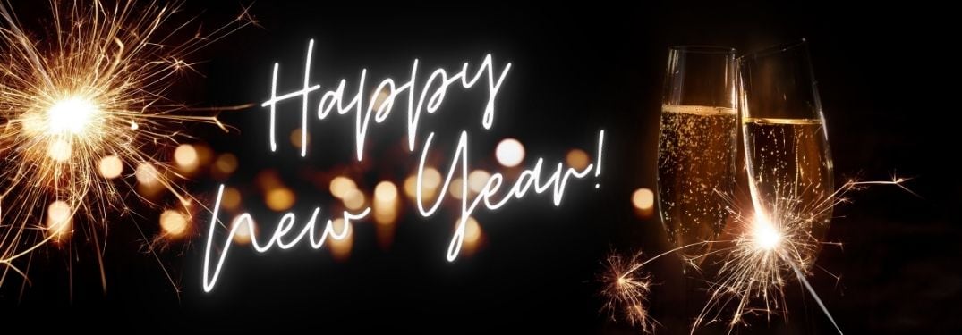 Fireworks and Champagne Glasses with Silver Happy New Year Text