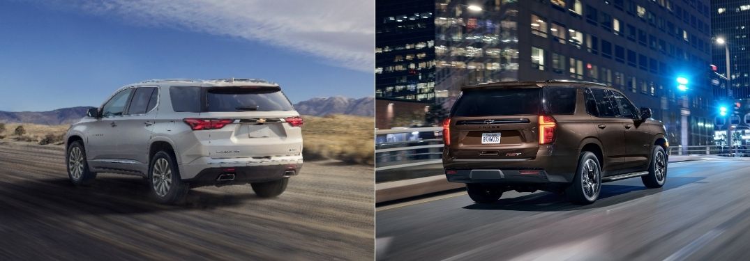 White 2022 Chevy Traverse Rear Exterior vs Brown 2022 Chevy Tahoe Rear Exterior