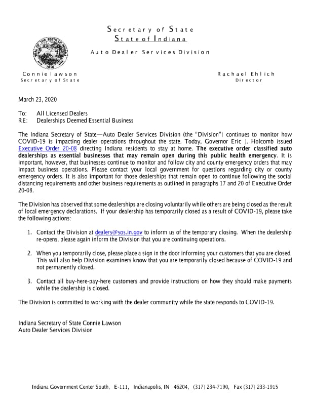 Dealerships are Deemed Essential by Secretary of State Connie Lawson