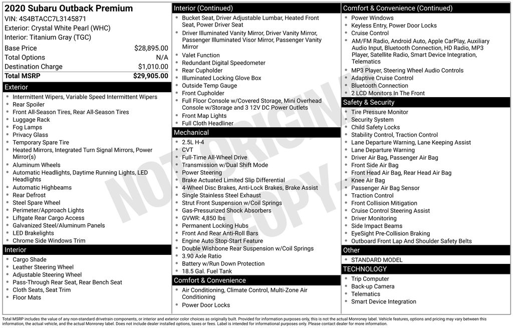 2020 SUBARU OUTBACK - Image 10