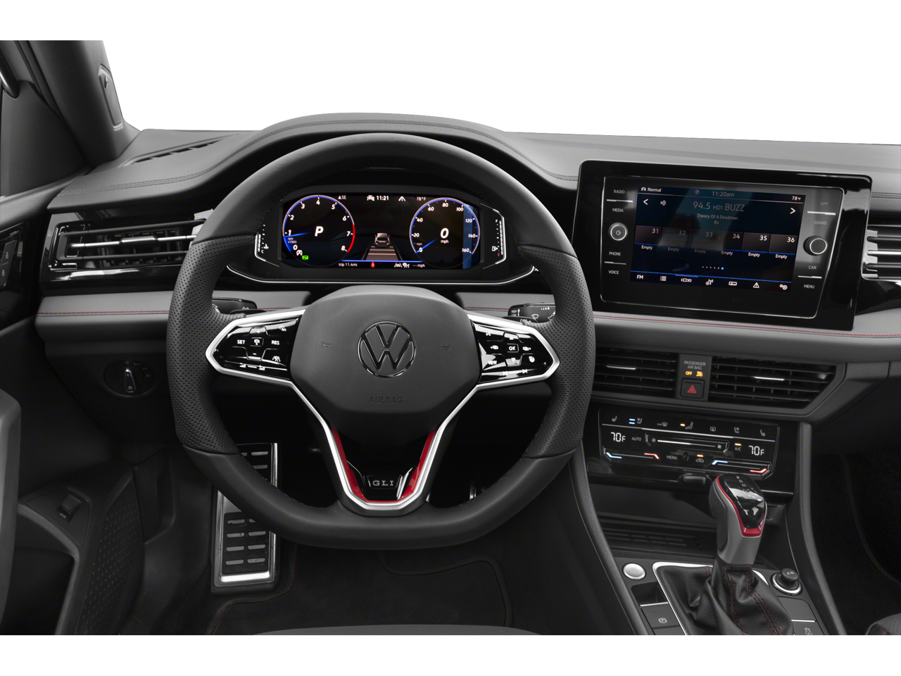 The driver-focused interior of the 2026 Jetta GLI featuring the Digital Cockpit Pro and premium finishes.