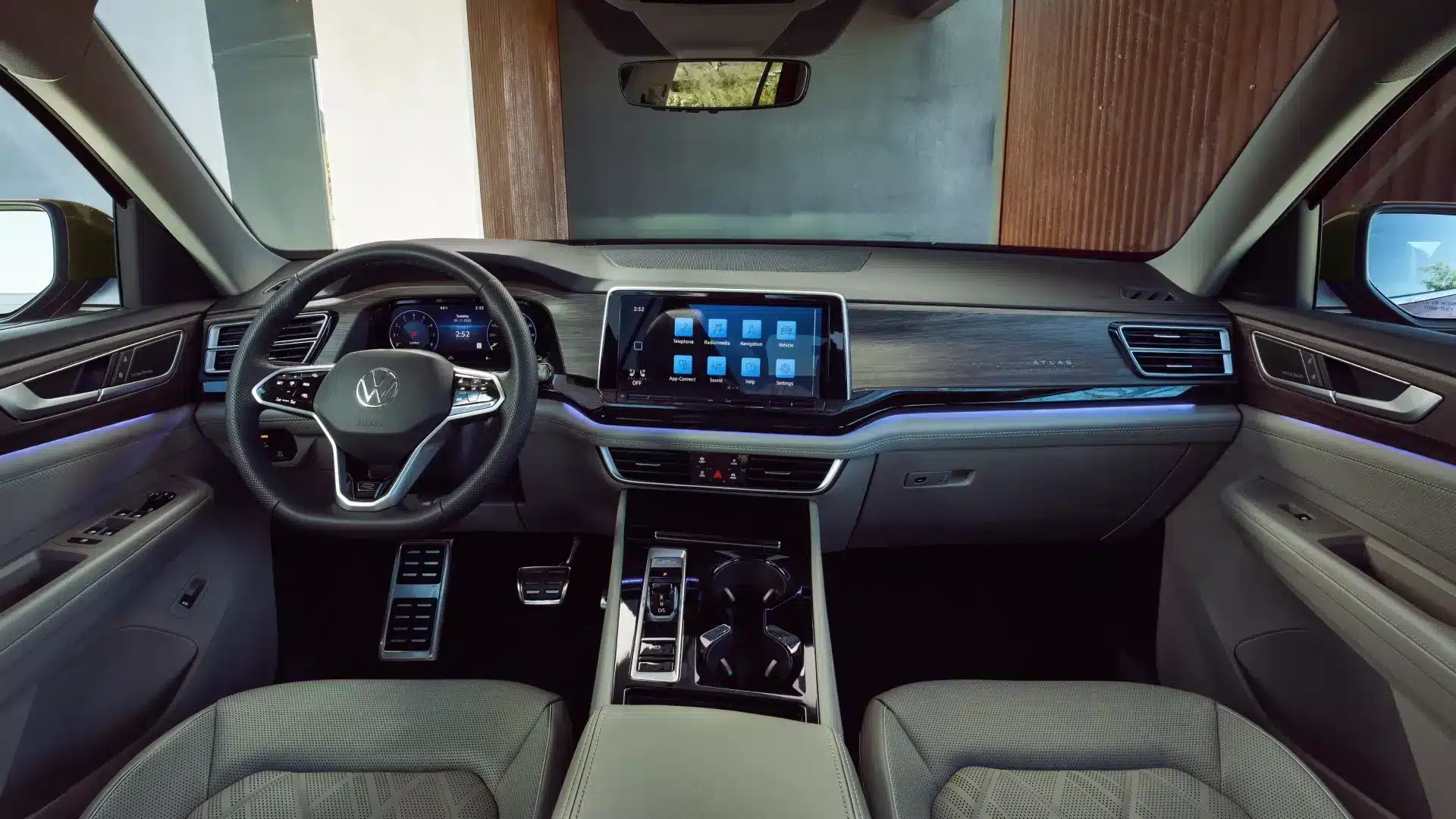 The dashboard and 12.9-inch touchscreen display of the 2026 Volkswagen Atlas.