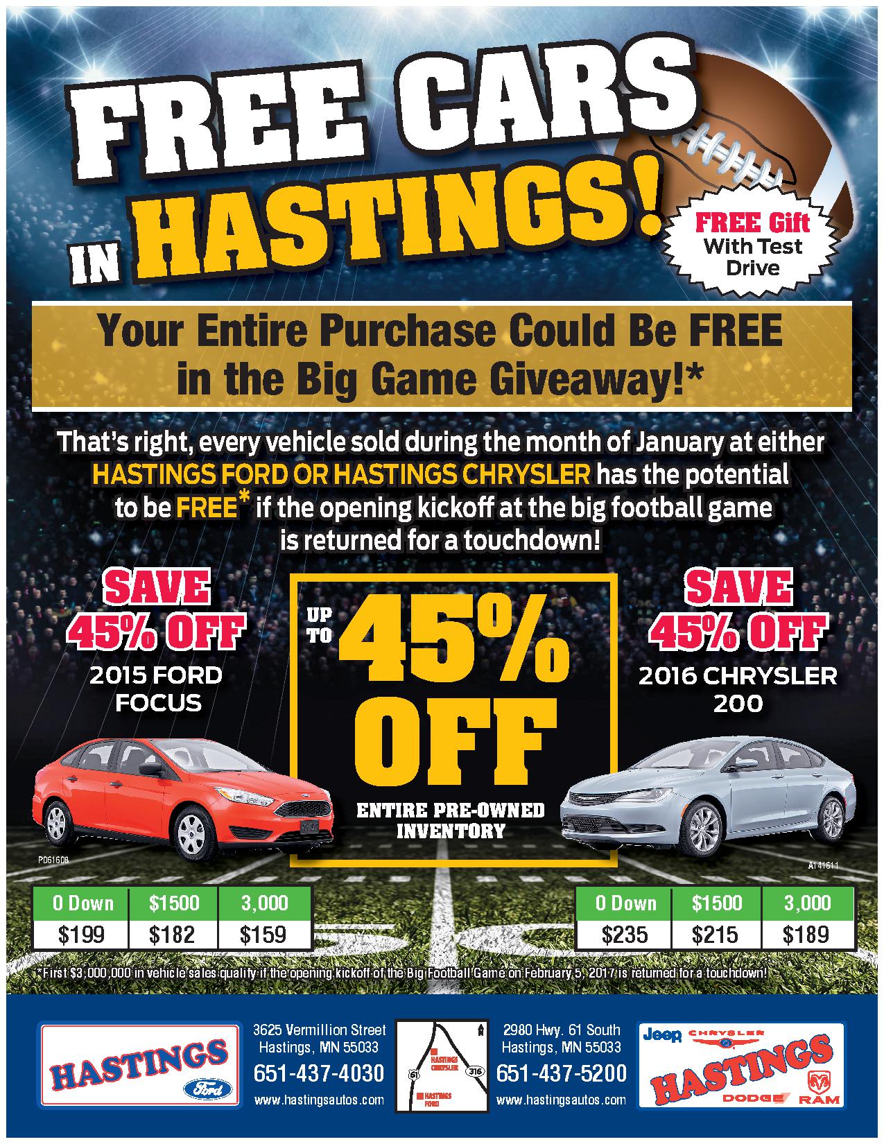 FREE CARS GIVEAWAY Hastings Chrysler Center Inc