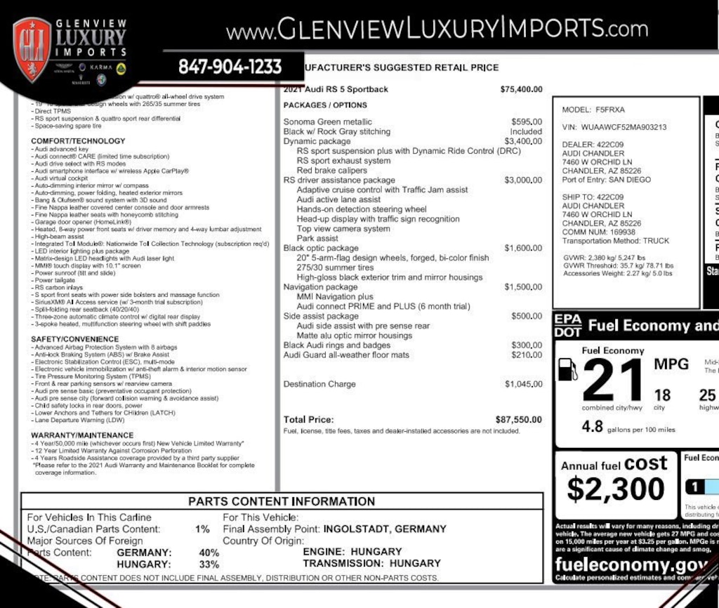 Used 2021 Audi RS 5 Sportback 2.9T 2.9 TFSI quattro