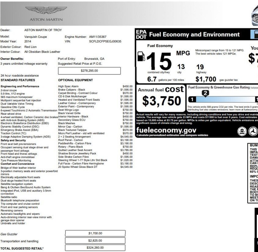 Used 2014 Aston Martin Vanquish V12 Coupe