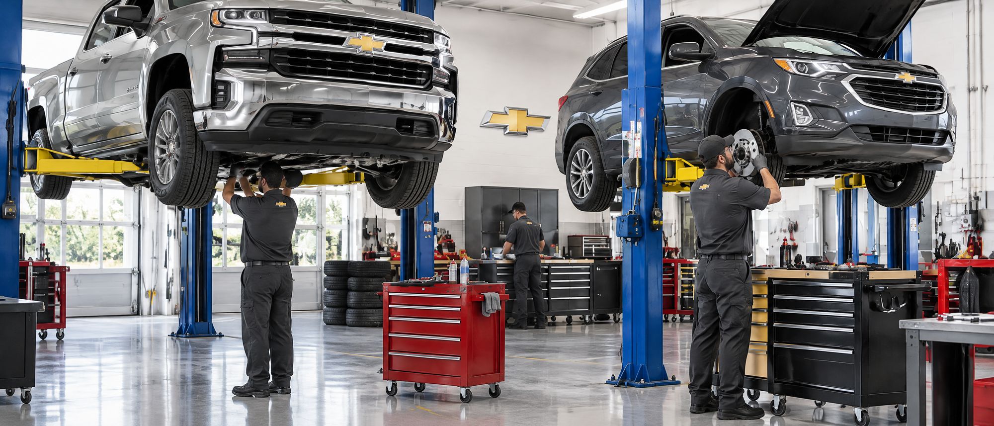 Chevrolet technicians servicing a Silverado and an Equinox on lifts in the Hawthorne Chevrolet service bay