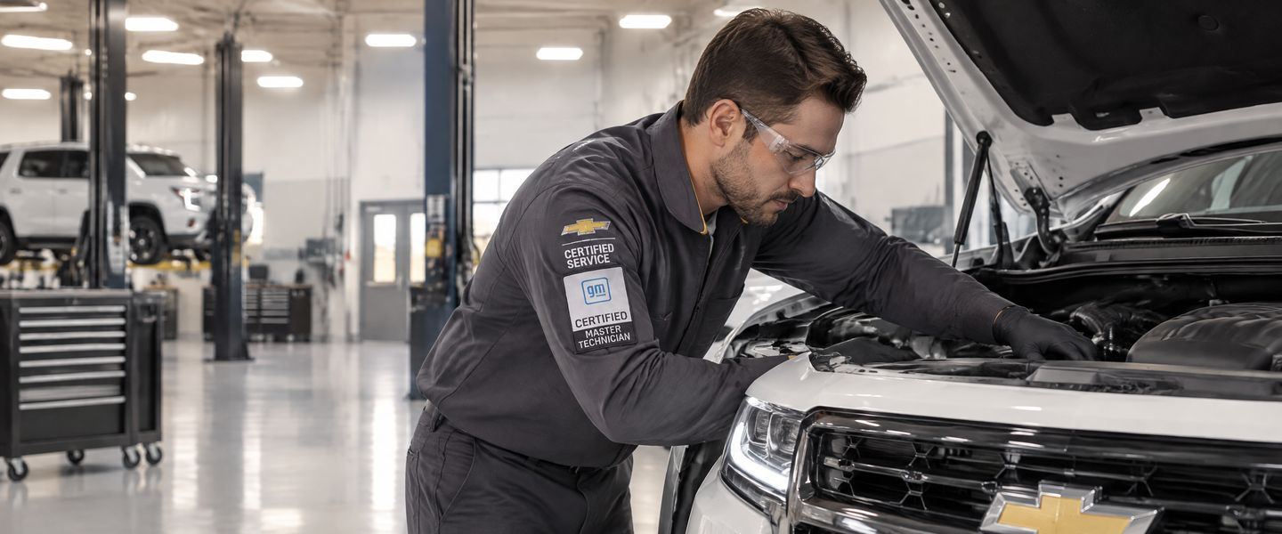 Chevrolet Certified Service technician inspecting the engine of a Chevrolet truck