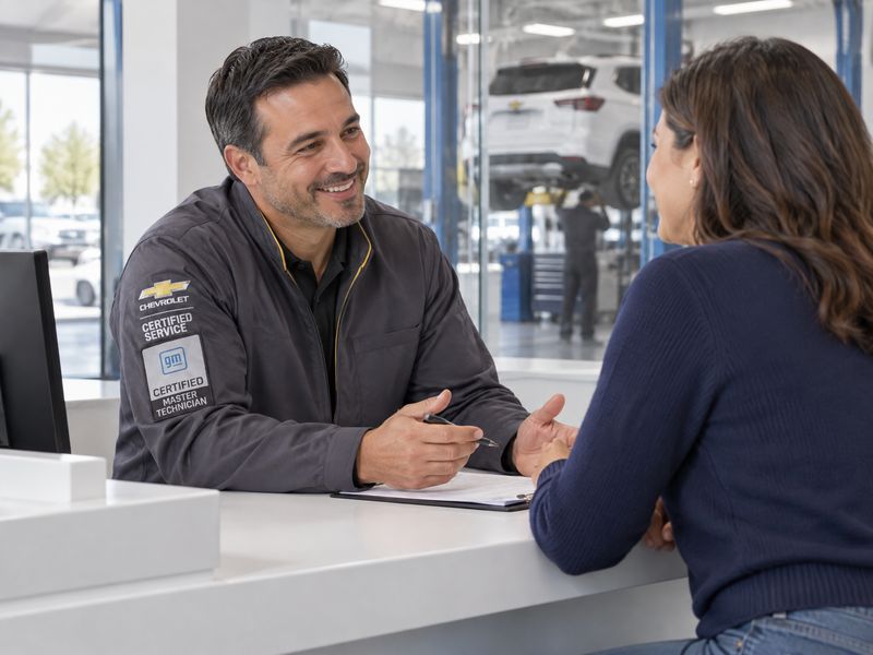 Hawthorne Chevrolet service advisor talking with a customer at the service desk