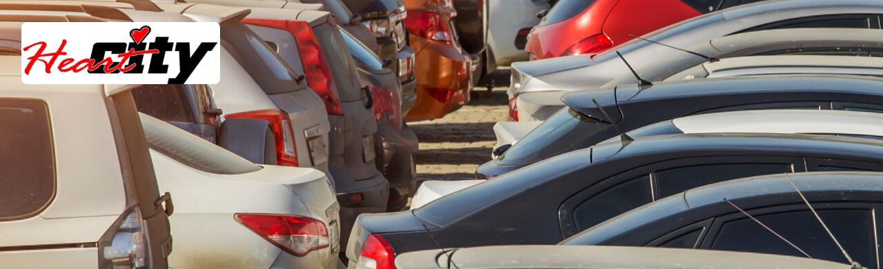 A row of parked cars in a dealership lot.