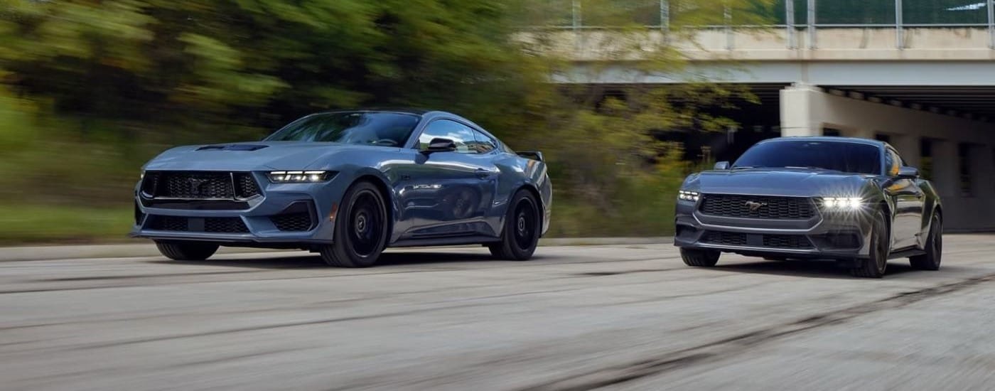 A blue  2024 Ford Mustang Dark Horse and a grey GT are shown after leaving a car dealership in Charlotte, NC.