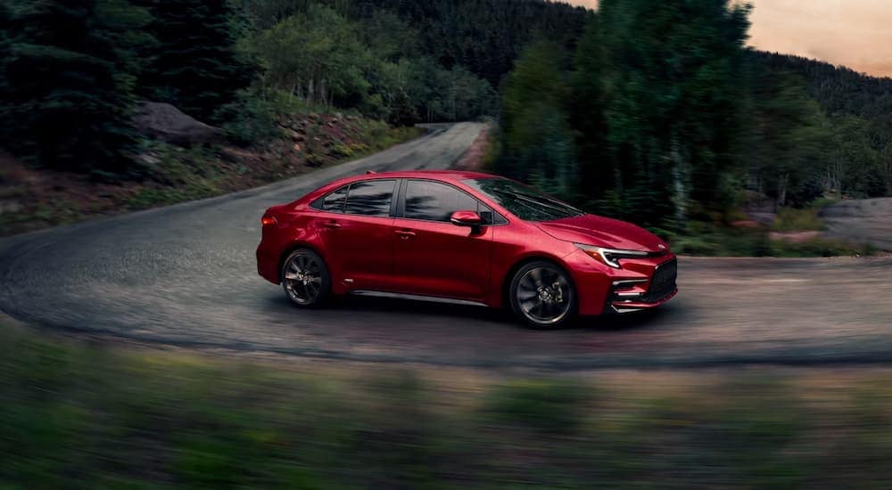 A red 2026 Toyota Corolla driving on a winding road