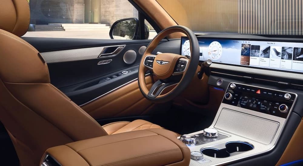 Brown leather interior of a 2025 Genesis GV80