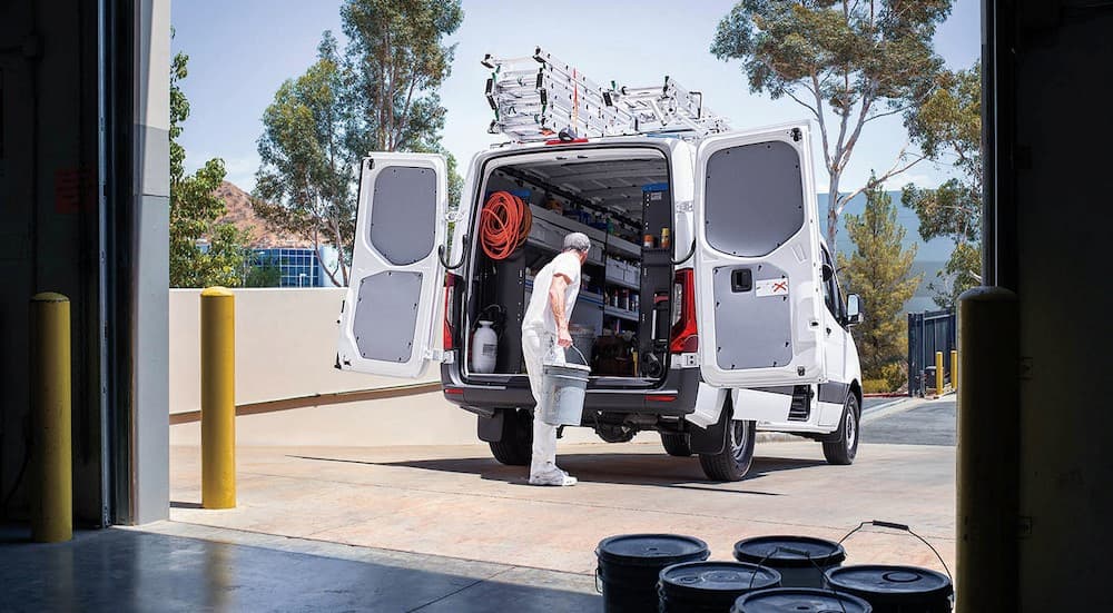 2024%20Mercedes-Benz%20Sprinter%204500%20-%20Worker.jpg A white 2024 Mercedes-Benz Sprinter 4500 is shown parked near a garage.