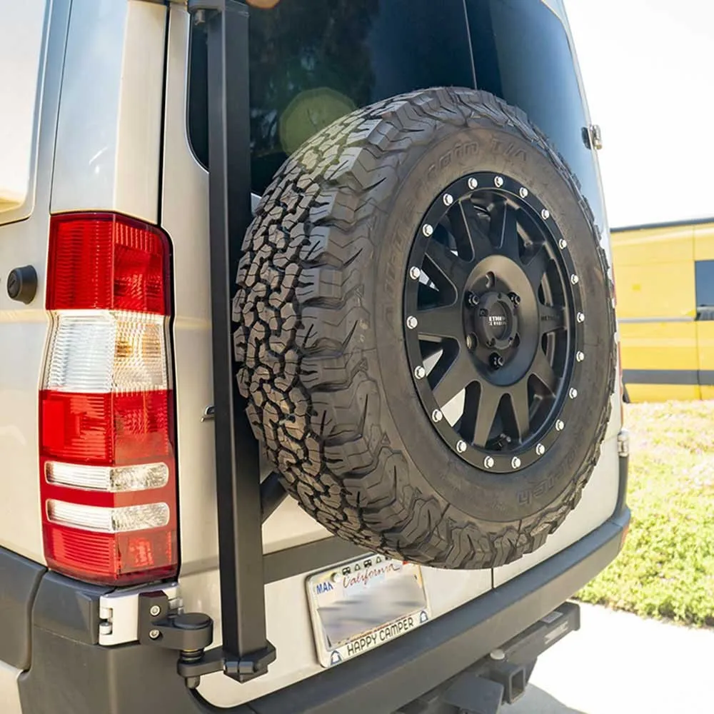 Agile Off-Road rear door tire carrier installed on NCV3 Mercedes-Benz Sprinter van