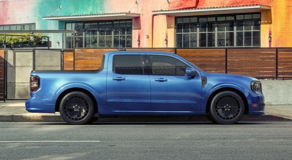 A blue 2025 Ford Maverick Lobo is shown parked after visiting a car dealer near Marietta.