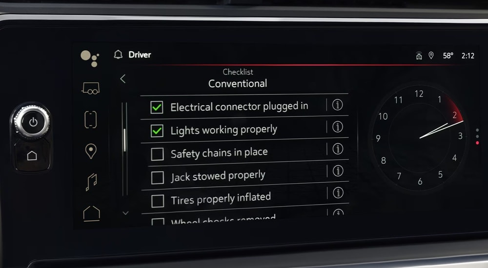 Close-up of the digital trailering checklist on the screen of a 2024 GMC Sierra 1500 Elevation.