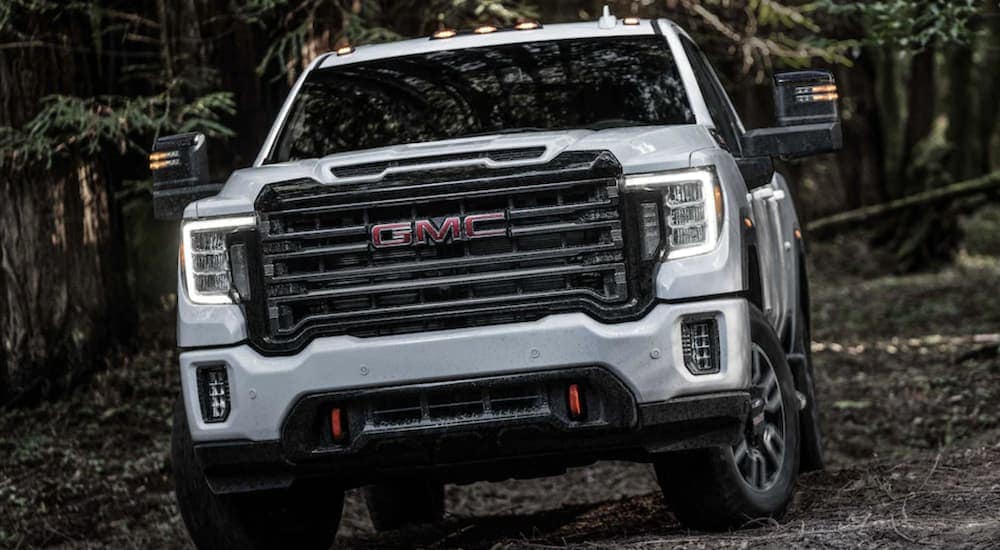 Trucks for Sale in Raleigh - 2024 GMC Sierra 2500 HD AT4 - white .jpg White 2024 GMC Sierra 2500 HD AT4 driving through a forest.