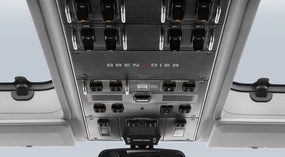 Upper roof buttons in an INEOS Grenadier, a popular luxury SUV for sale.