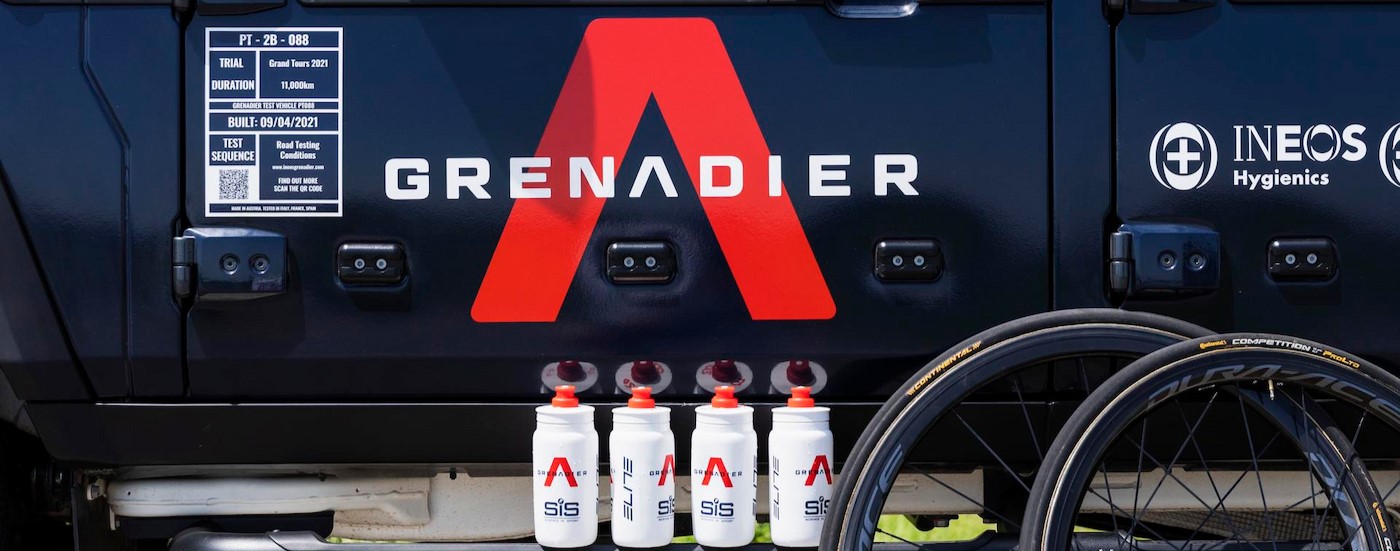 Close-up of the Grenadier logo on the door of a INEOS Grenadier.
