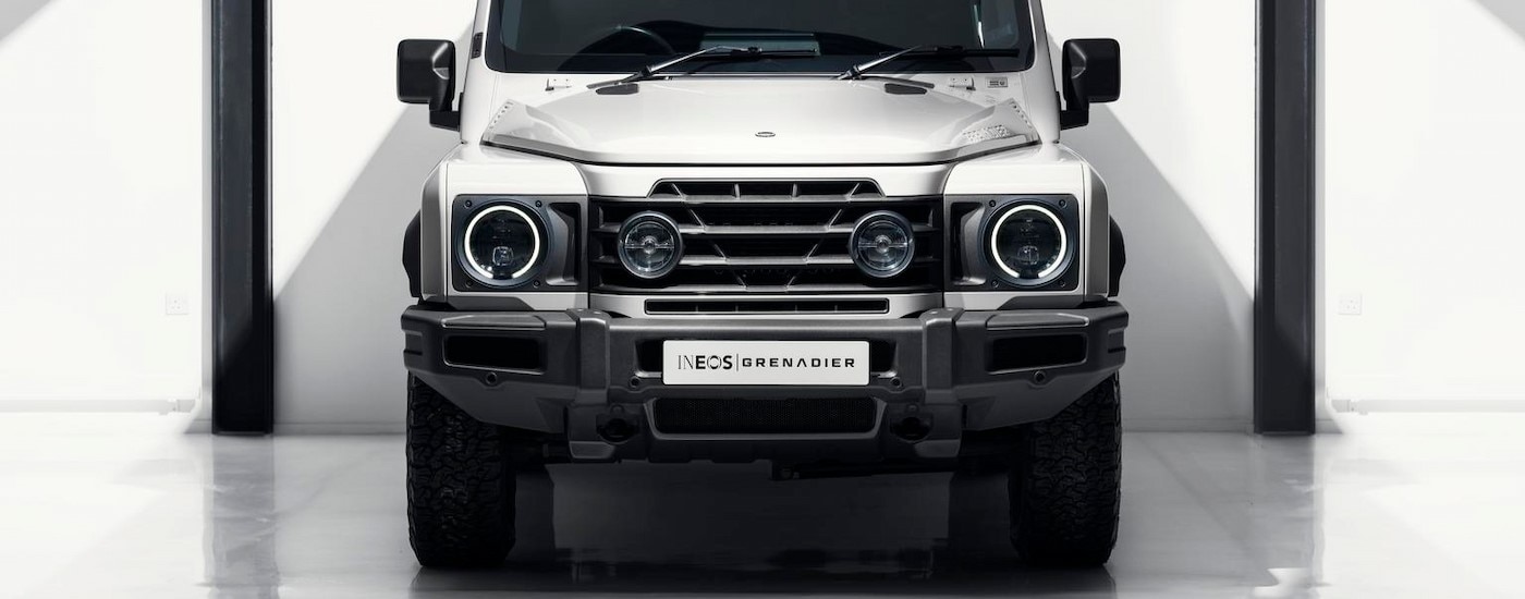 Close-up of the front end of a white 2025 INEOS Grenadier 1924.