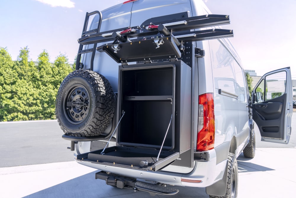 Agile Off-Road rear door tire carrier installed on NCV3 Mercedes-Benz Sprinter van