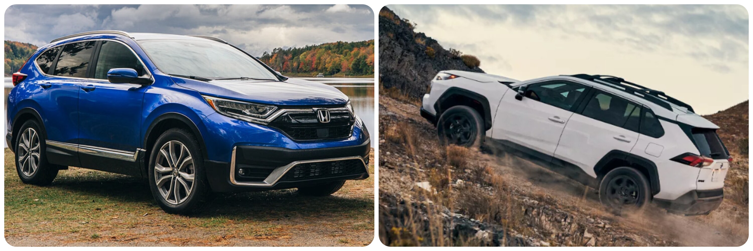 On the left a bright blue 2022 Honda CR-V sits parked next to a lake. On the right a white 2022 Toyota RAV4 climbs a rocky hill