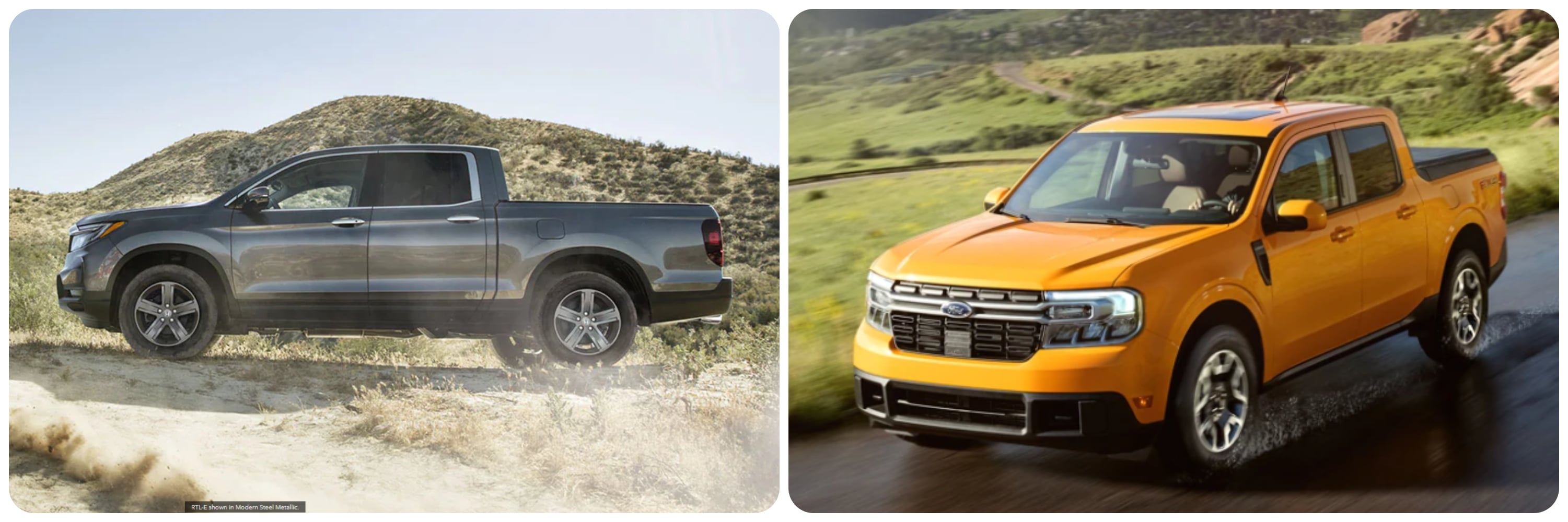 On the left a gray 2022 honda Ridgeline sits parked on a dirt hill in profile view. On the right a yellow 2022 Ford Maverick drives down a wet country road on a sunny day