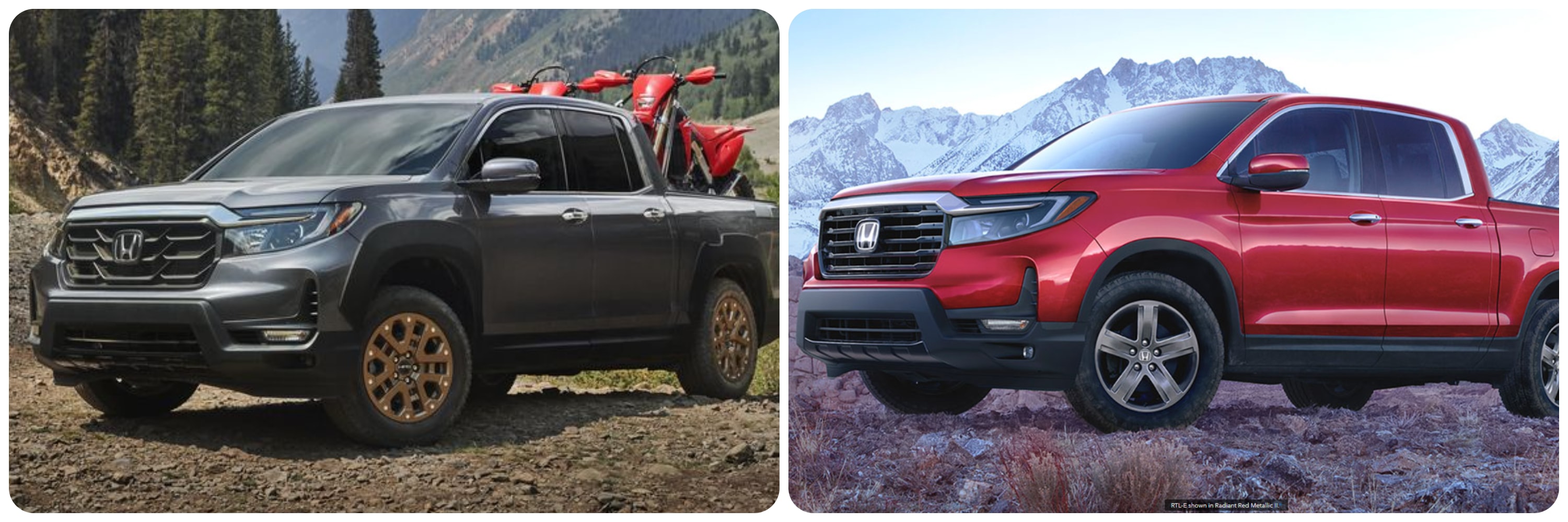 On the left, a gray 2021 Honda Ridgeline sits parked on a dirt road with four-wheelers loaded in the bed. On the right, a red 2022 Honda Ridgeline sits parked in a field with mountains in the background.