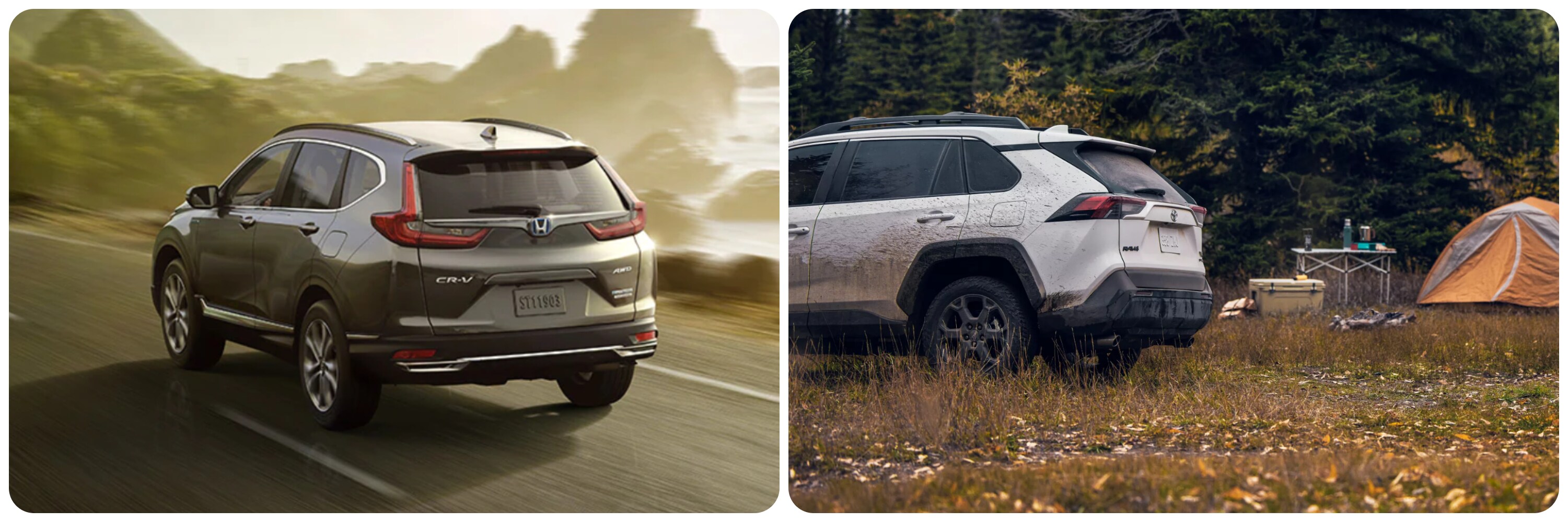 On the left a gray 2022 Honda CR-V drives away from the viewer on an oceanside highway. On the right a white 2022 Toyota RAV4 sits parked at a campsite