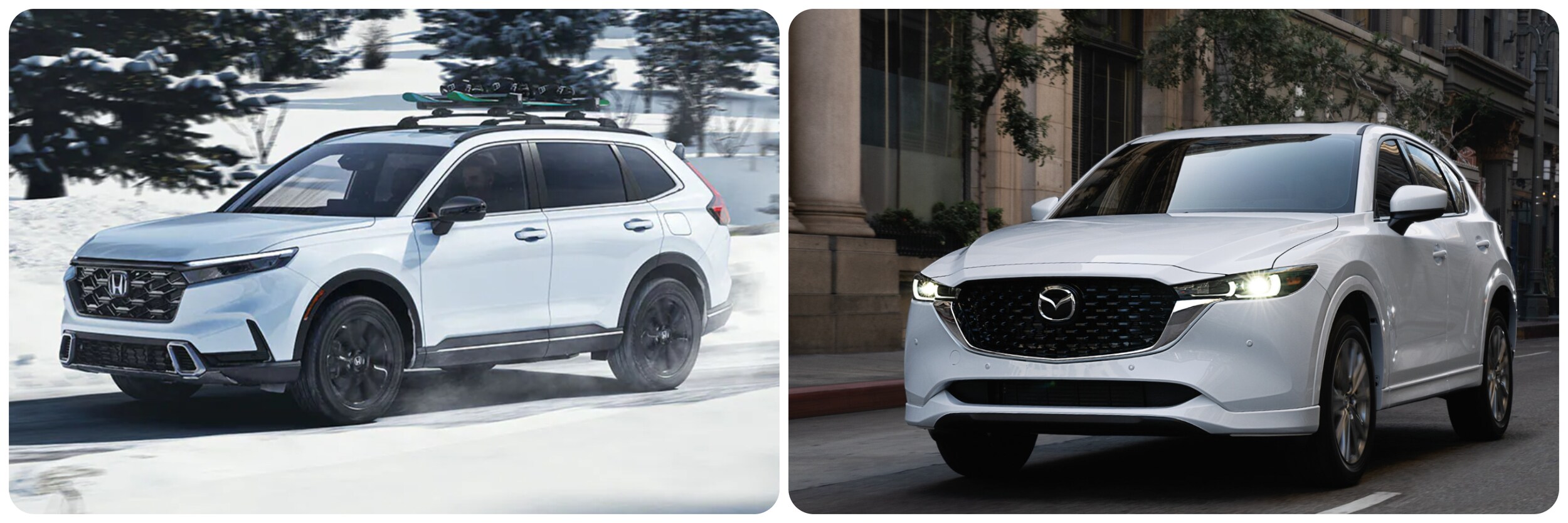 A white 2023 Honda CR-V driving in the snow on the left and a white 2023 Mazda CX-5 on the right