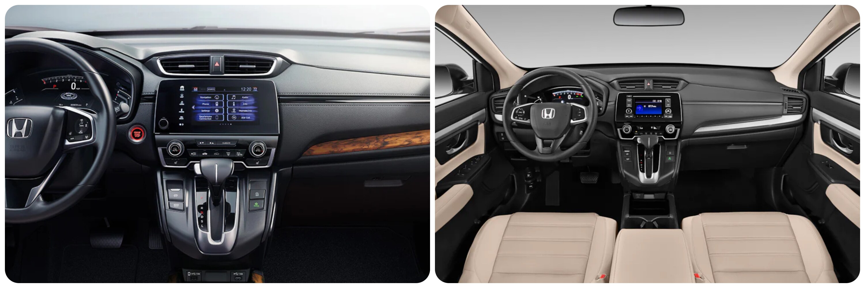 On the left a view of an all black dash with burled wood accents in a 2022 Honda CR-V and on the right a view of the black dash with chrome accents of a 2021 Honda CR-V with tan leather upholstery