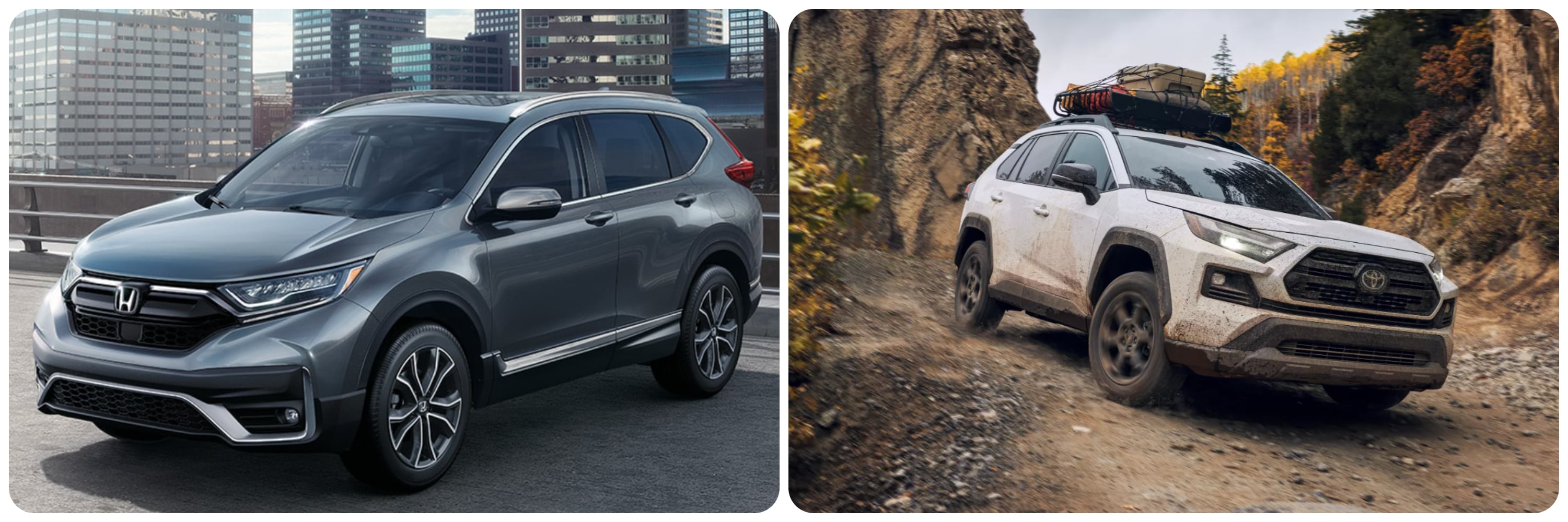 On the left a gray 2022 Honda CR-V sits parked on a rooftop lot and on the right a white and dirty 2022 Toyota RAV4 heads down a rocky terrain