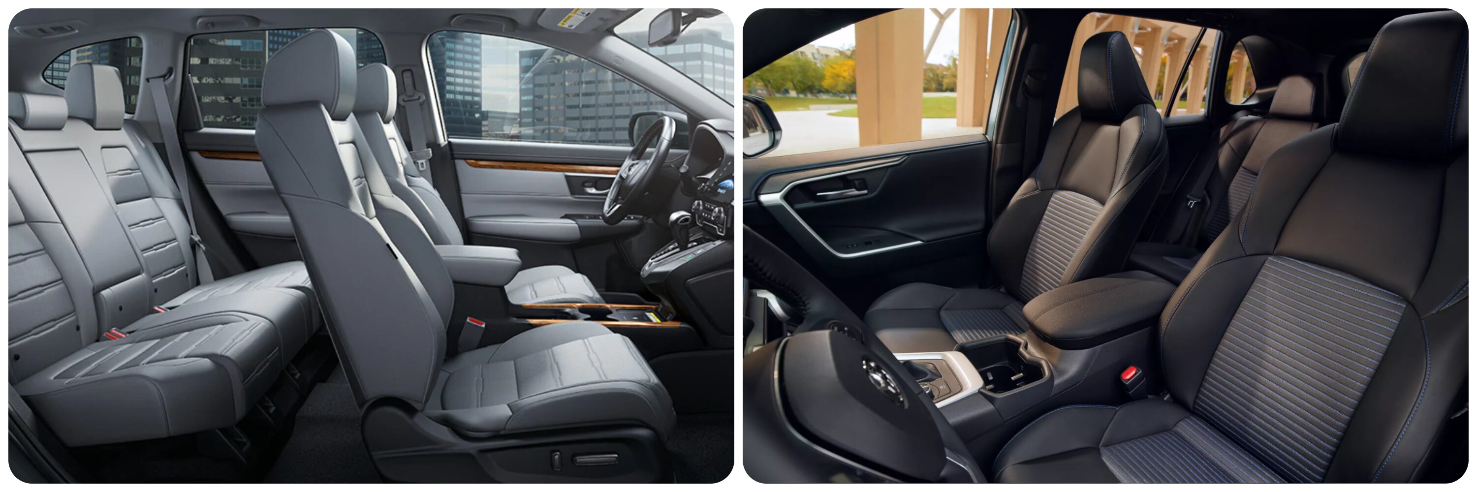 On the left a view of the cabin and seating of a 2022 Honda CR-V and on the right a view of the first row of seating in a 2022 Toyota RAV4