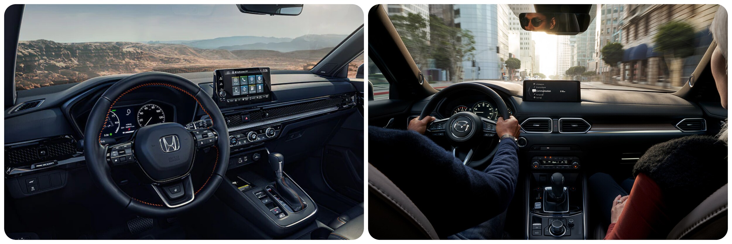 A view of the dash and infotainment systems of the 2023 Honda CR-V on the left and the 2023 Mazda CX-5 on the right