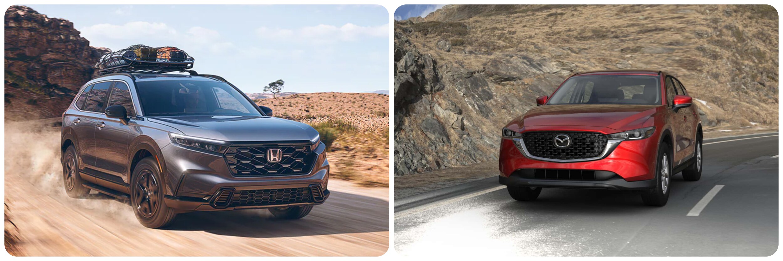 A gray 2023 Honda CR-V driving in the on the left and a red 2023 Mazda CX-5 on the right