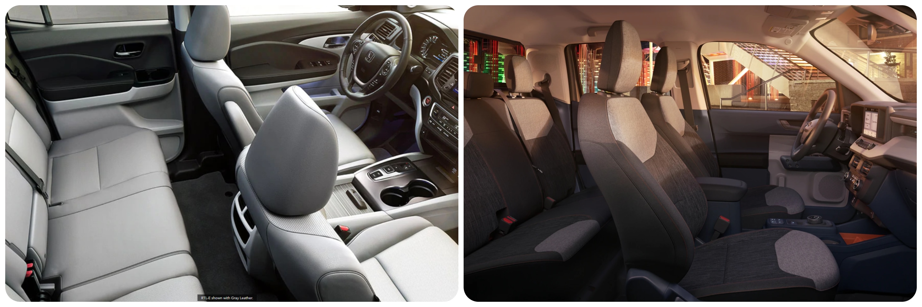 On the left an all gray interior view of the interior of a 2022 Honda Ridgeline and on the left a view of a two-toned gray interior of the 2022 Ford Maverick