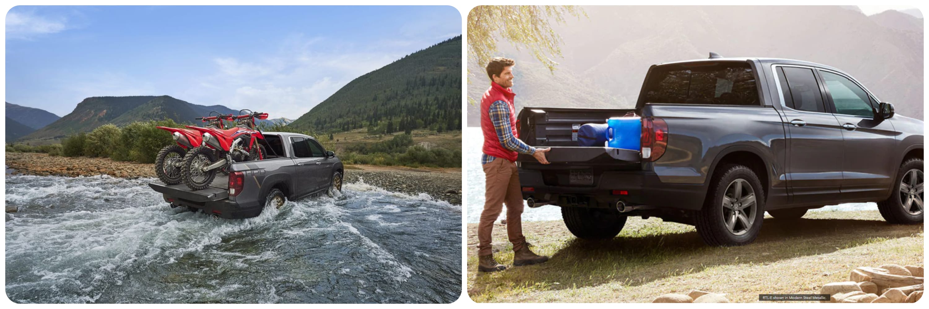 On the left a view of a dark gray 2021 Honda Ridgeline as it drives away from the viewer with dirt bikes in the bed of the truck and it drives through water. On the right, a dark gray 2022 Honda Ridgeline is being loaded with gear by a man who is putting up the tailgate.