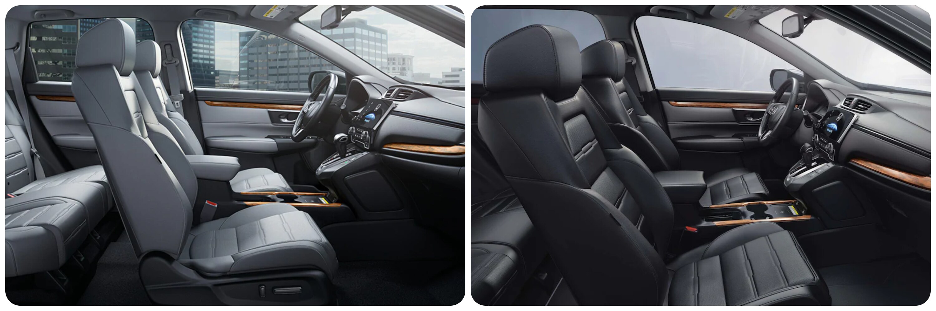 On the left the cabin of a 2022 Honda CR-V with gray leather upholstery and a black dash and burled wood accents. On the right a view of the 2021 Honda CR-V with all black interior with burled wood accents